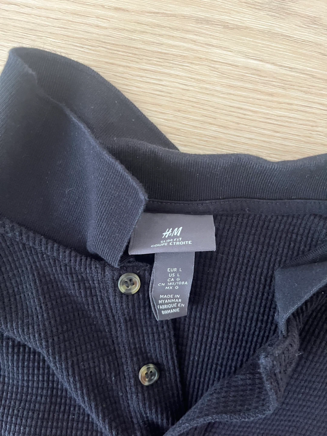 H&M Slim Fit Black Waffle Knit Polo Shirt