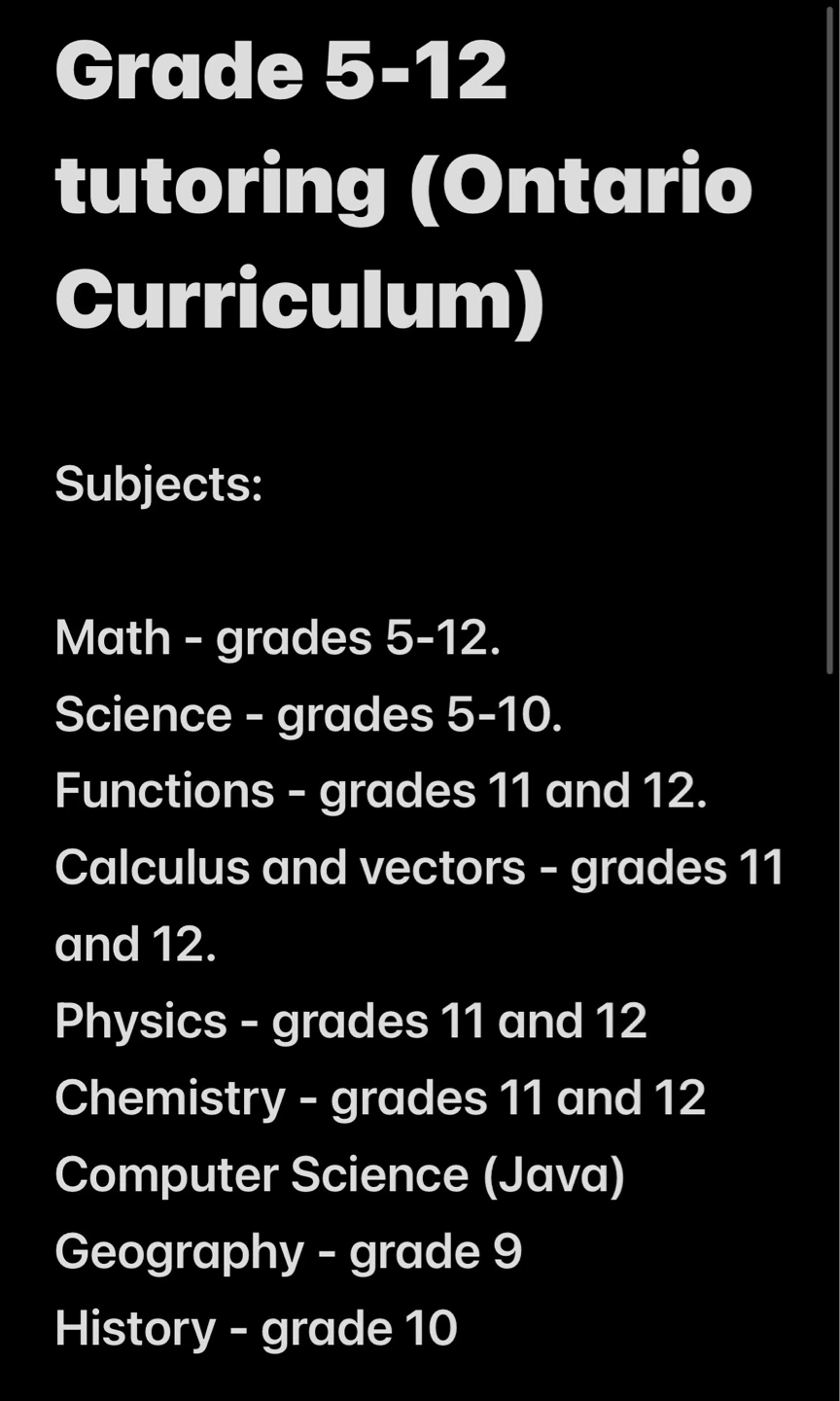 Grades 5-12 tutoring (Ontario Curriculum)