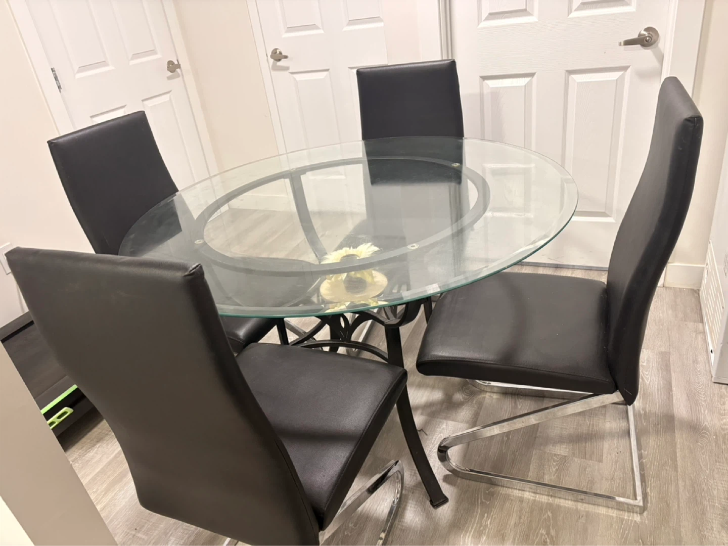 Glass Top Dining Table with 4 Black Chairs