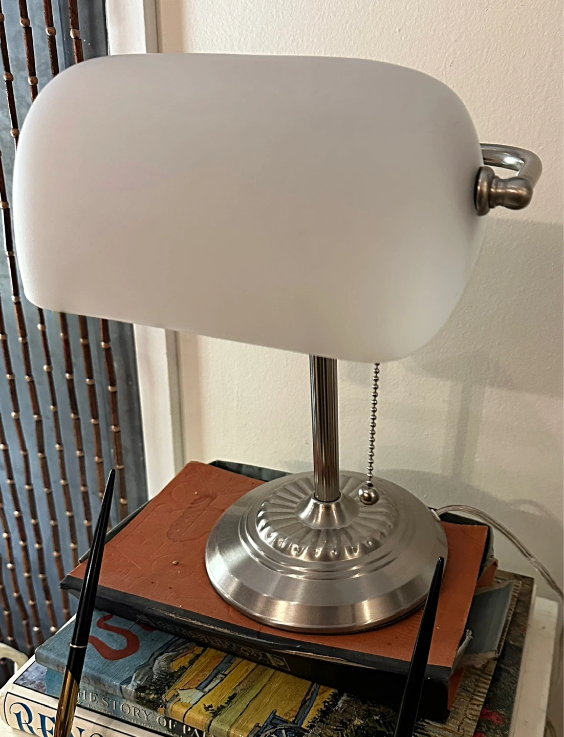 Vintage Banker's Lamp with White Frosted Glass Shade