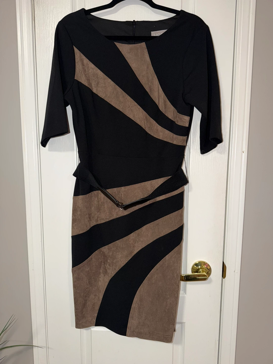 Laura Black & Brown Striped Dress with Belt Size 10