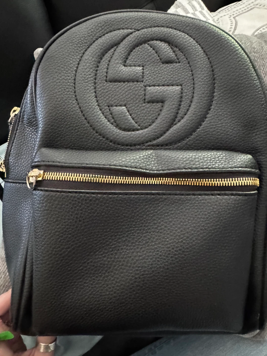 Gucci like print Black Leather Backpack