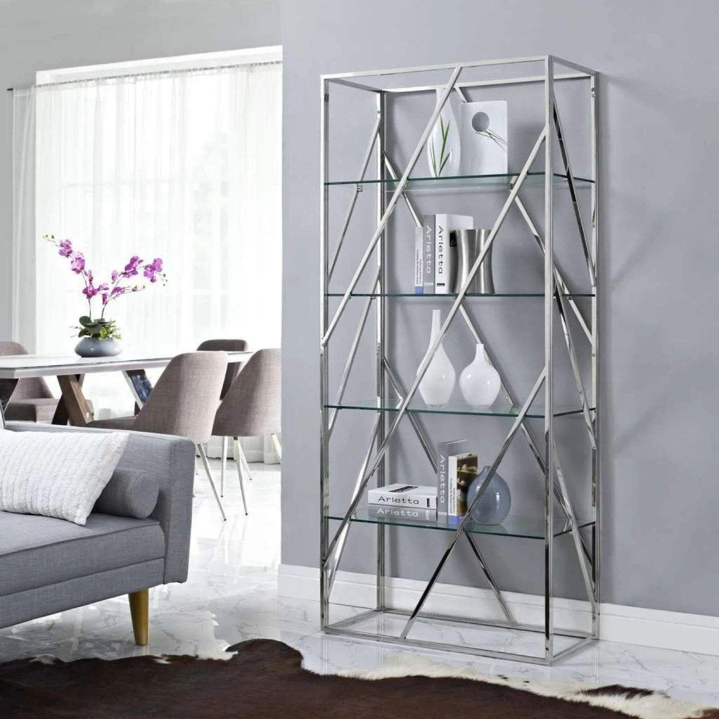 Modern Glass & Chrome Console Table + Matching Display Shelf Set