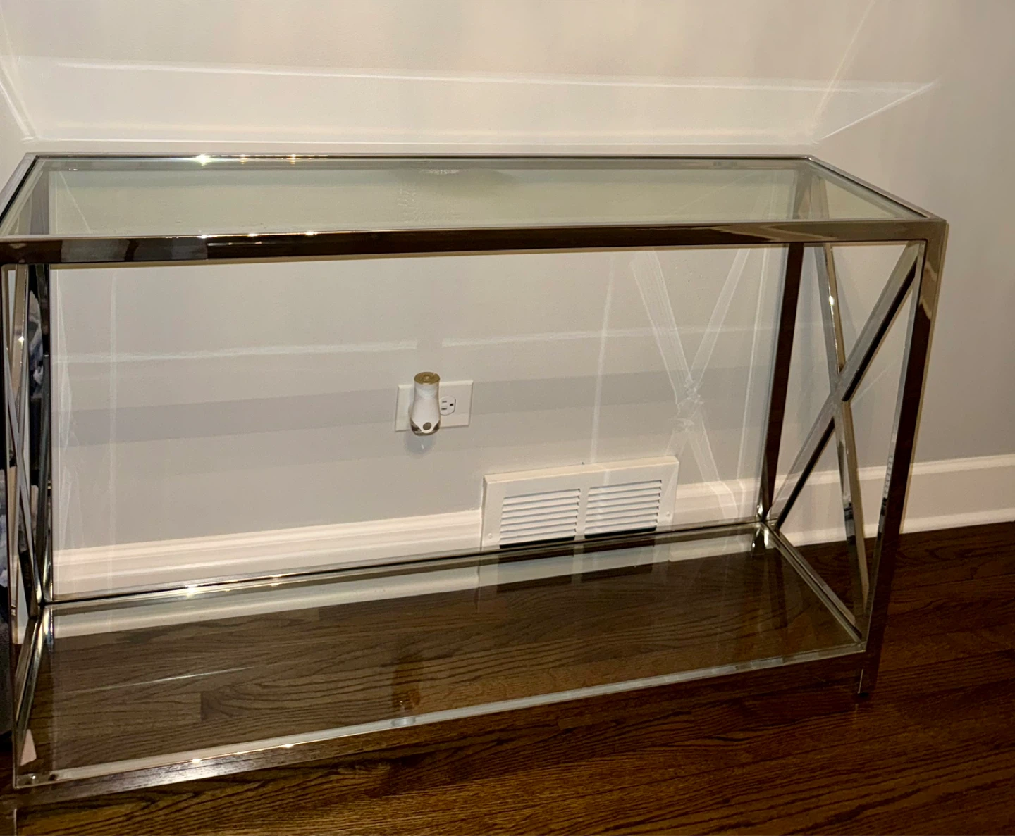 Modern Glass & Chrome Console Table + Matching Display Shelf Set - photo 4