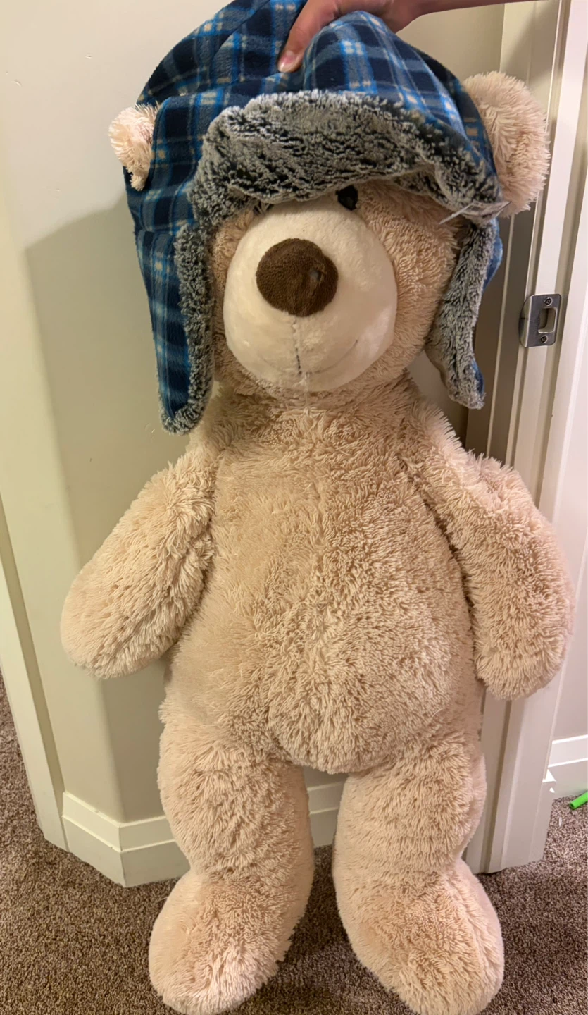Giant Teddy Bear with Blue Plaid Trapper Hat