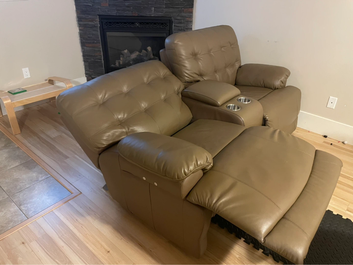 Tan Leather Loveseat Recliner with Cup Holders - photo 3