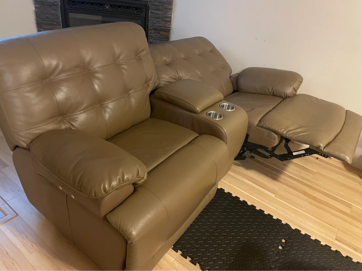 Tan Leather Loveseat Recliner with Cup Holders - photo 2
