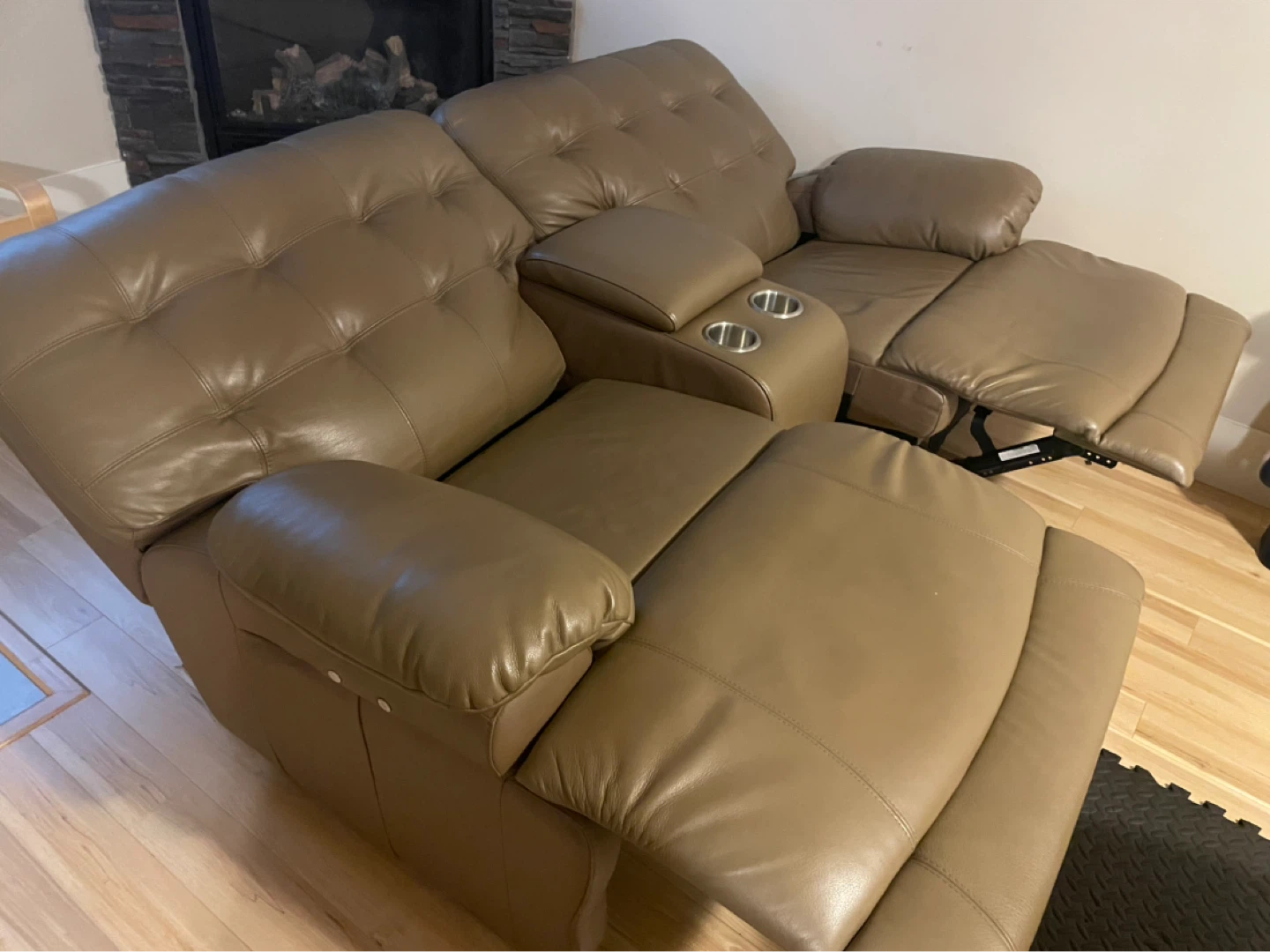 Tan Leather Loveseat Recliner with Cup Holders