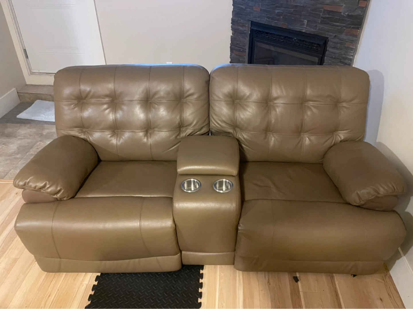 Tan Leather Loveseat Recliner with Cup Holders - photo 4