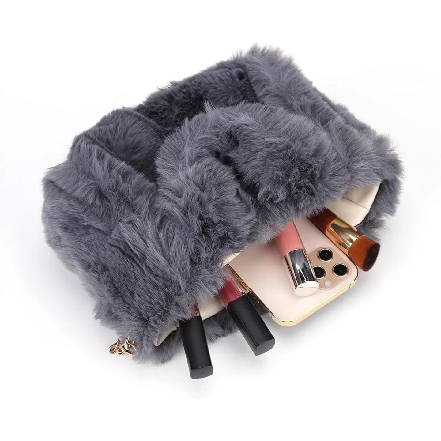 Grey Faux Fur Tote Bag with Chain Strap - photo 4