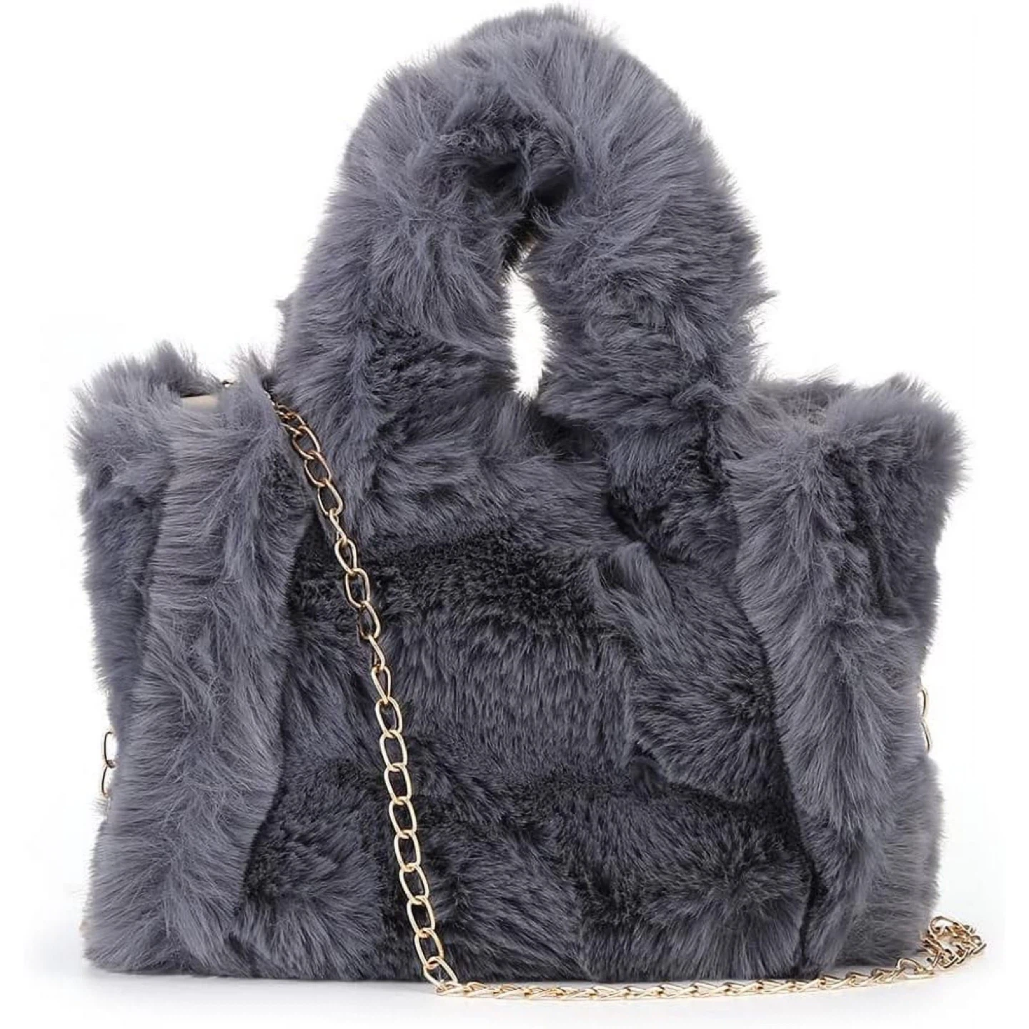 Grey Faux Fur Tote Bag with Chain Strap