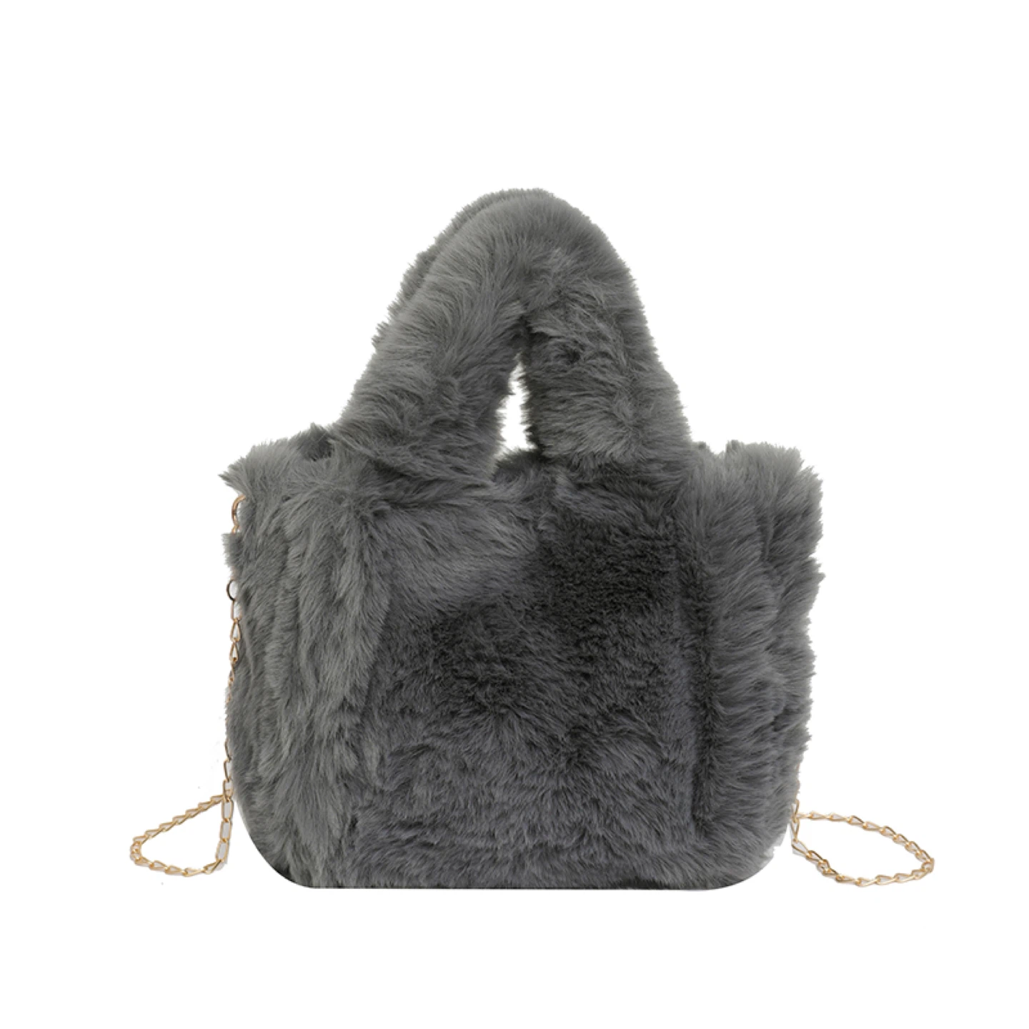 Grey Faux Fur Tote Bag with Chain Strap - photo 2