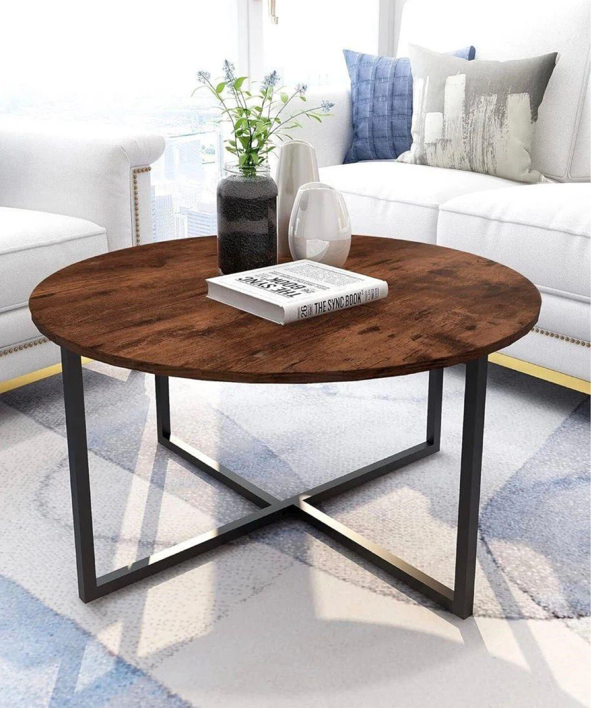 Round Wood Coffee Table with Black Metal Base