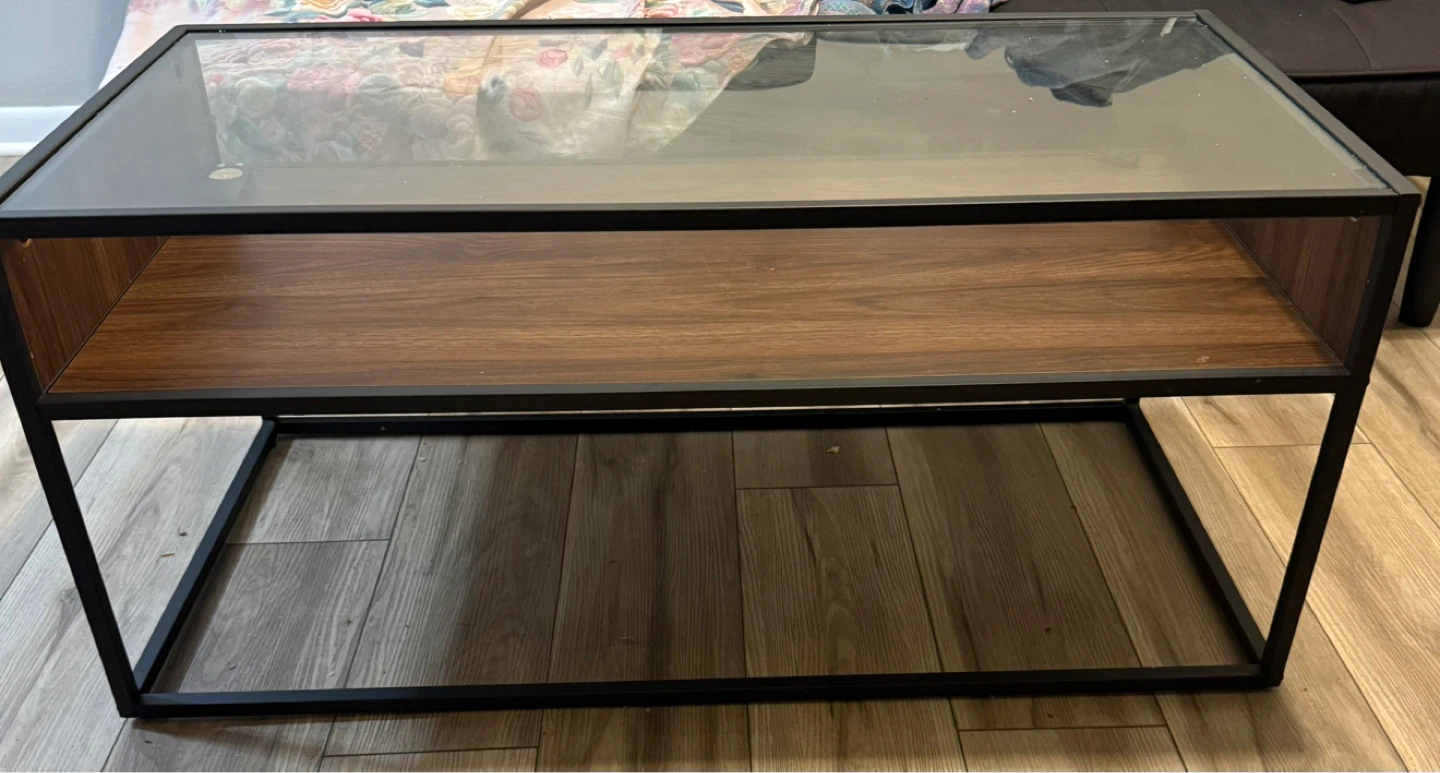 Modern Coffee Table with Glass Top and Wood Shelf