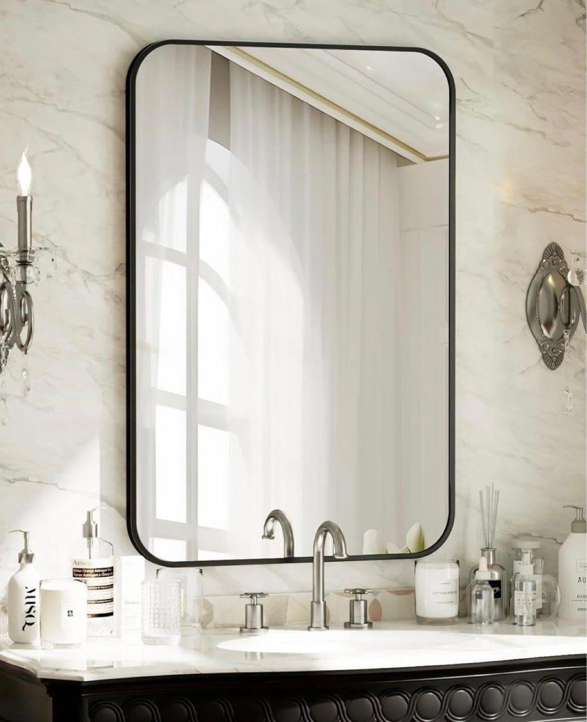 Modern Rounded Rectangle Wall Mirror with Black Frame