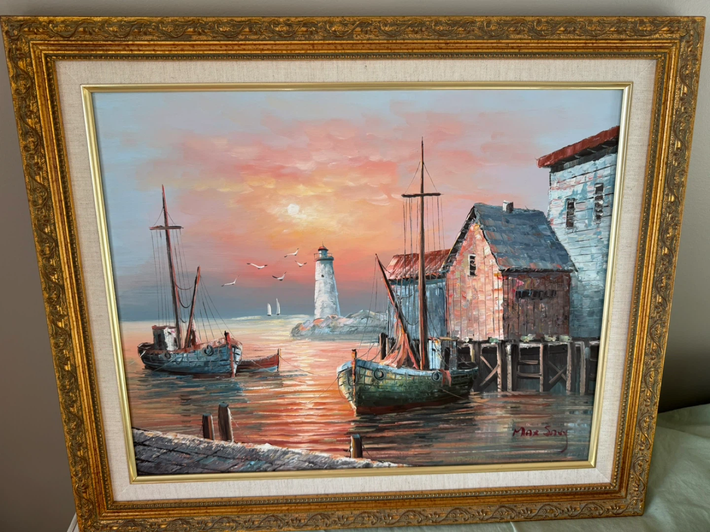 Framed Oil Painting Harbour scene