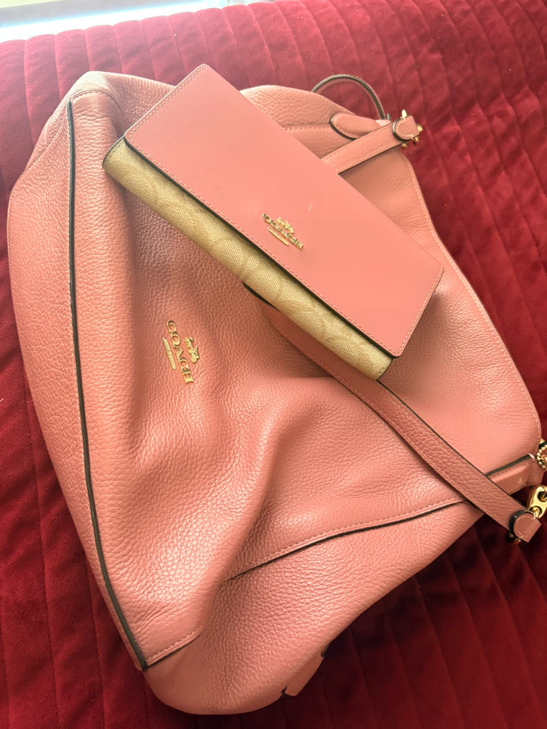 Coach Pink Leather Hobo Bag with Matching Wallet