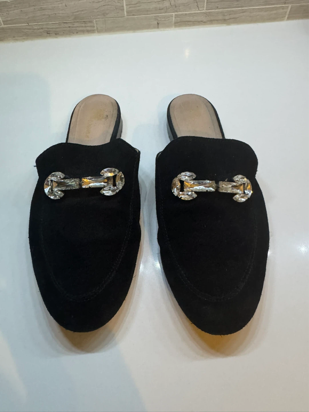 Black Suede Mule Flats with Rhinestone Buckle