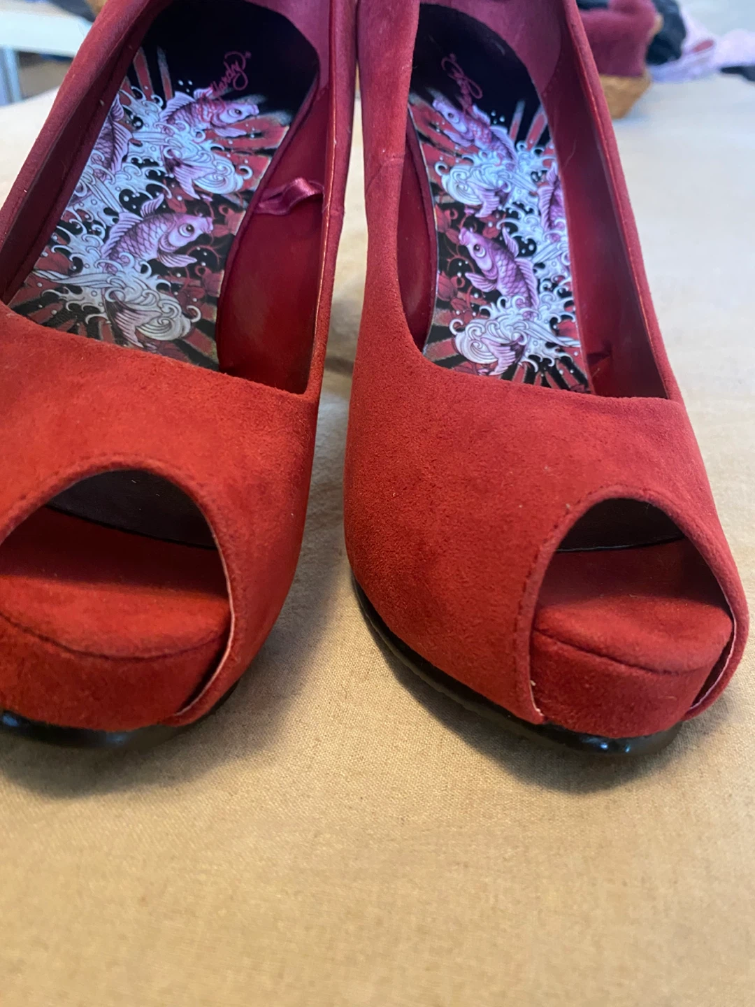 Ed Hardy Red Peep-Toe Wedge Heels with Studs - photo 3