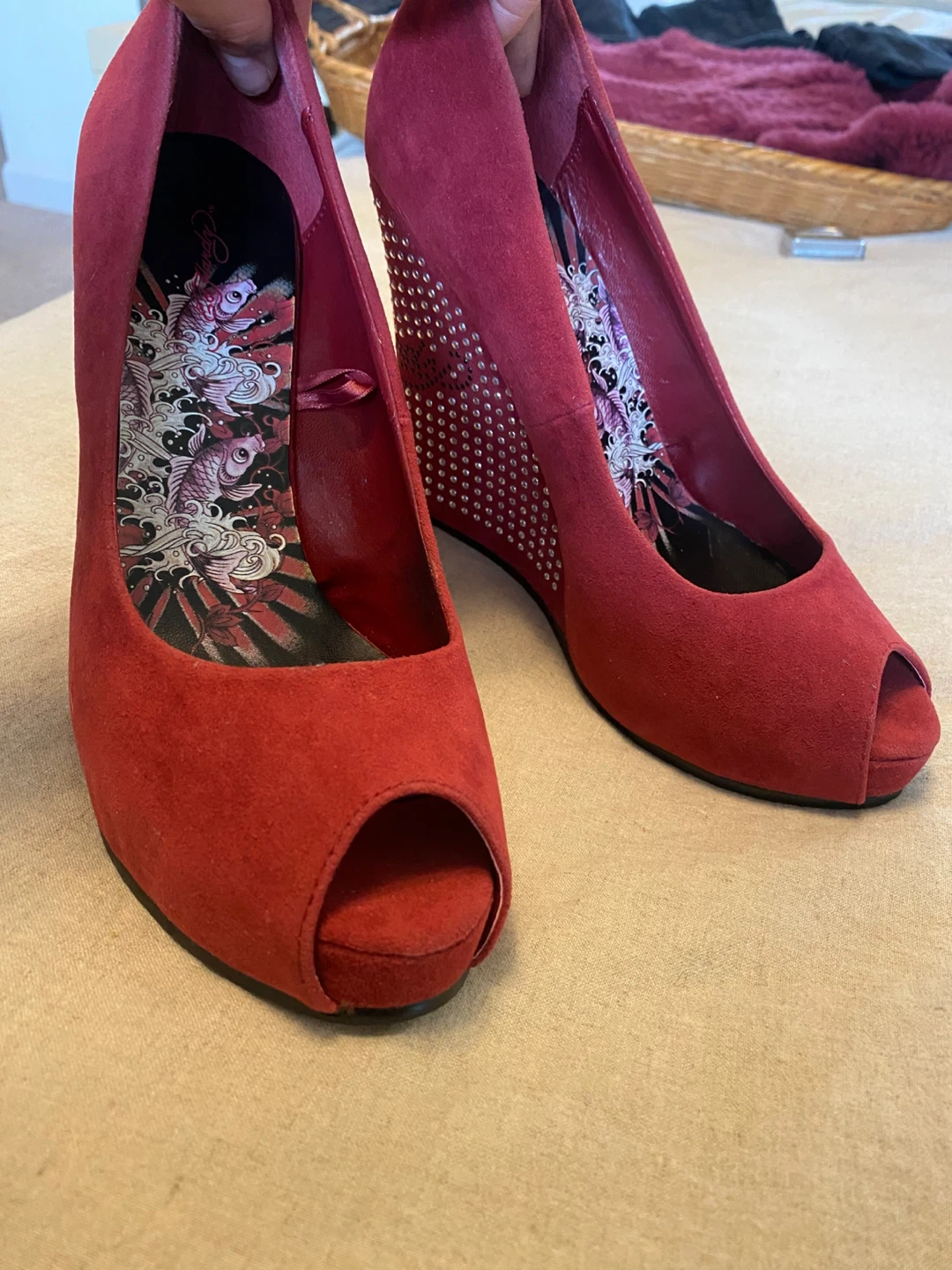 Ed Hardy Red Peep-Toe Wedge Heels with Studs