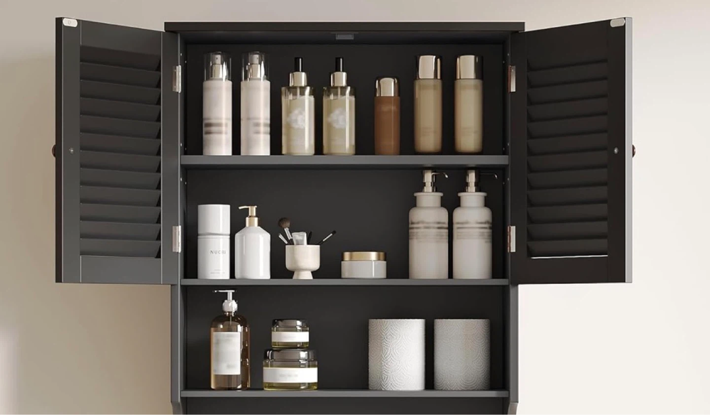 Dark Brown Bathroom Wall Cabinet with Louvered Doors - photo 2