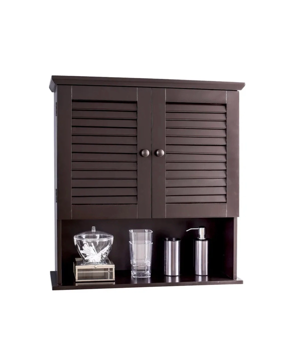 Dark Brown Bathroom Wall Cabinet with Louvered Doors