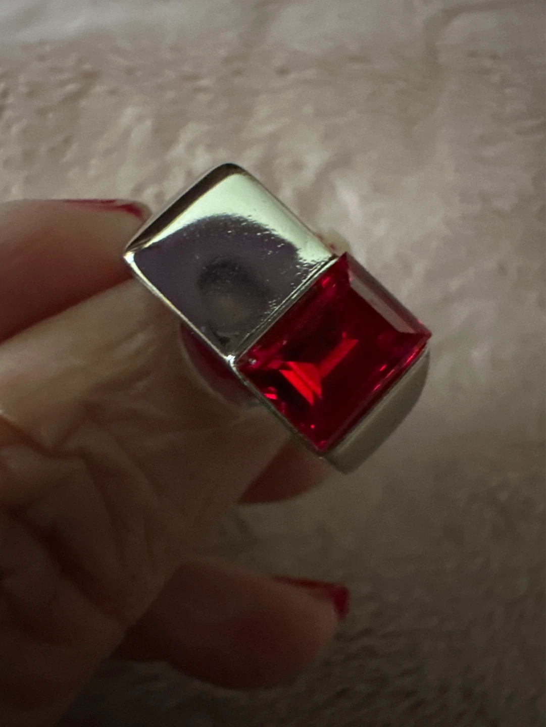 Silver Tone Ring with Red Square Stone