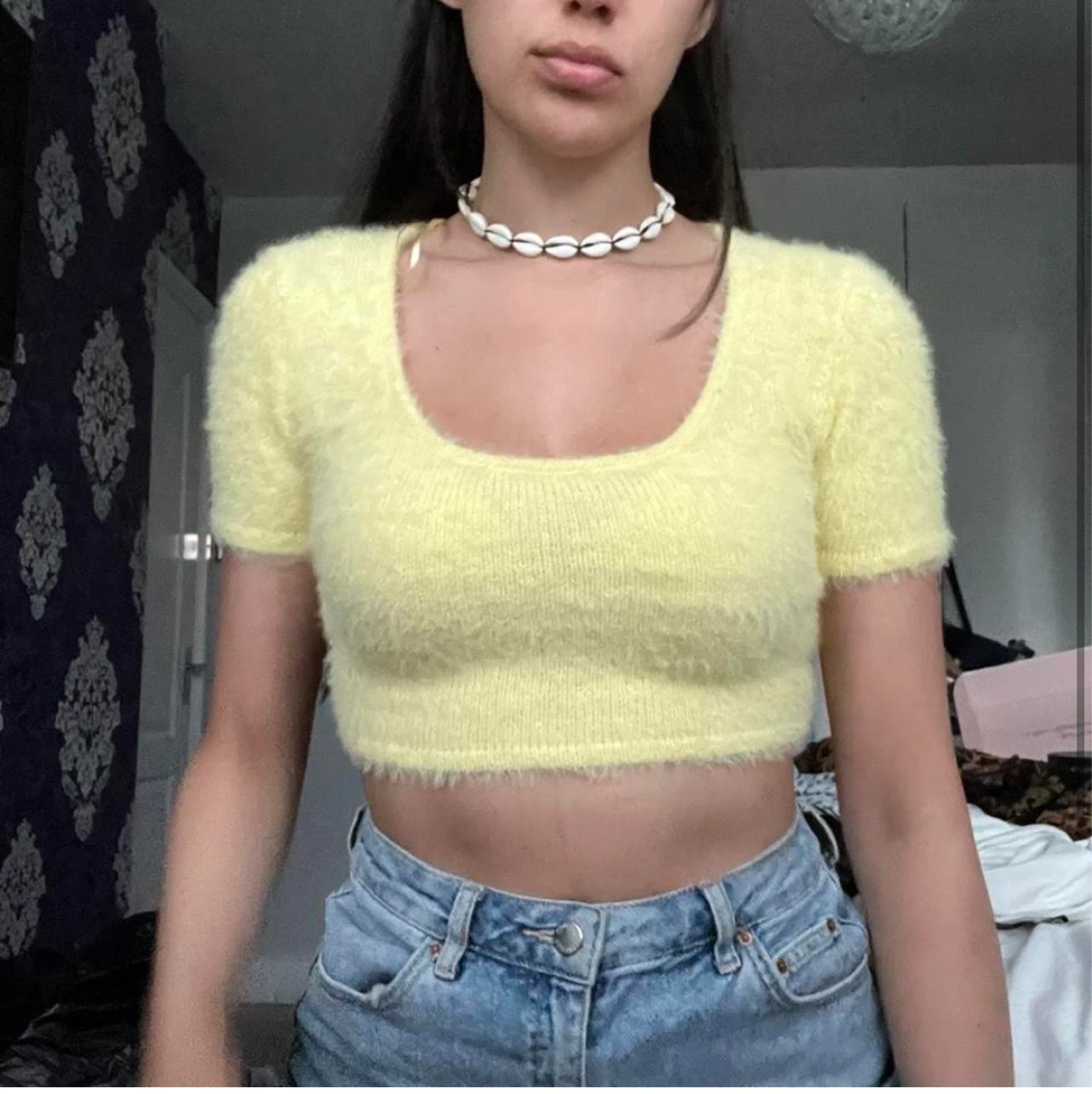 Zara NEW Yellow Fuzzy Knit Crop Top