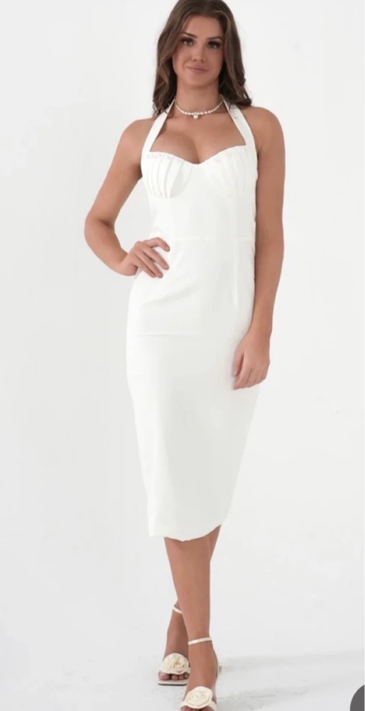 White Halter Neck Midi Dress