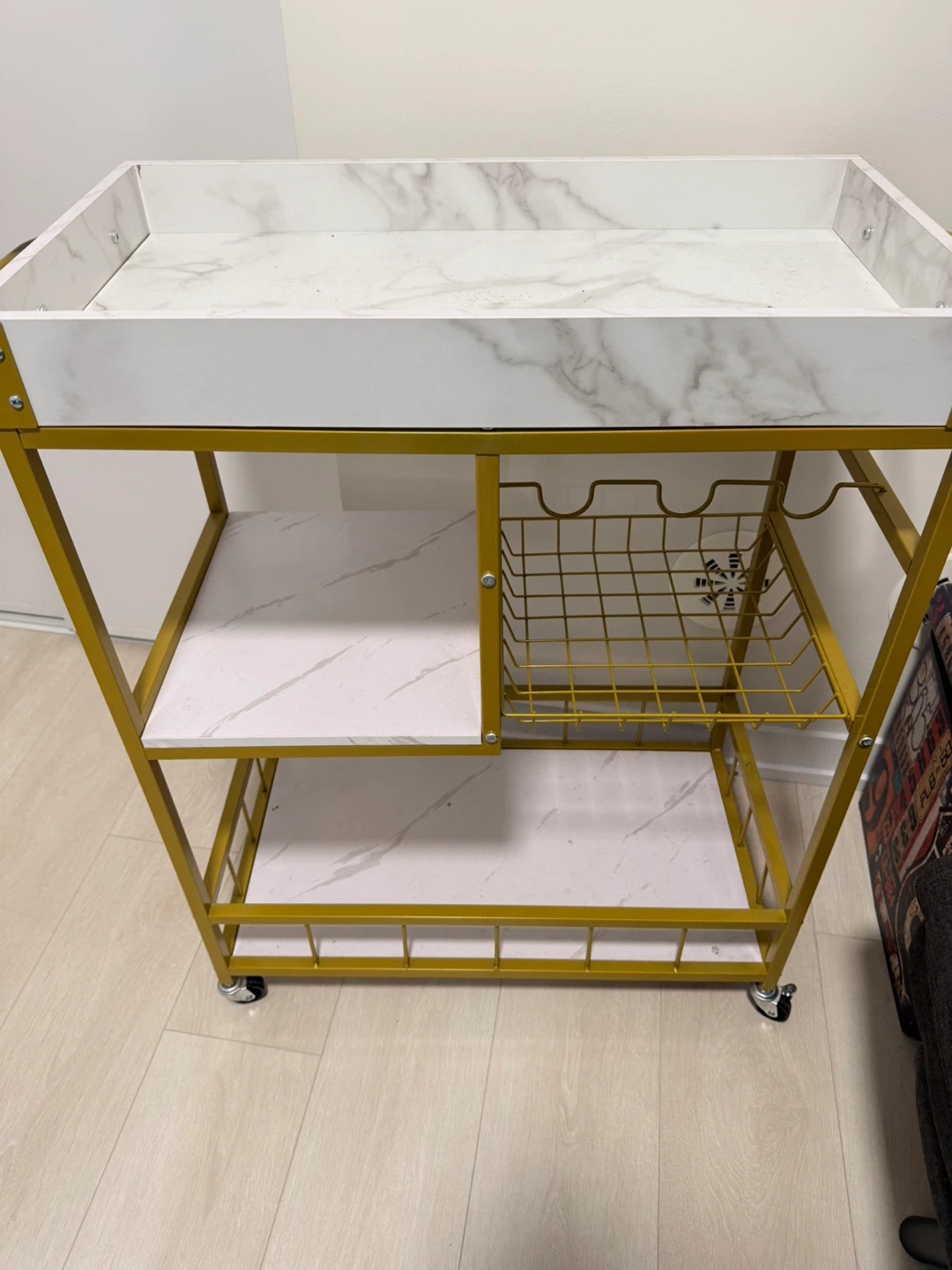 Gold Metal Look Bar Cart with Wine Rack - photo 2