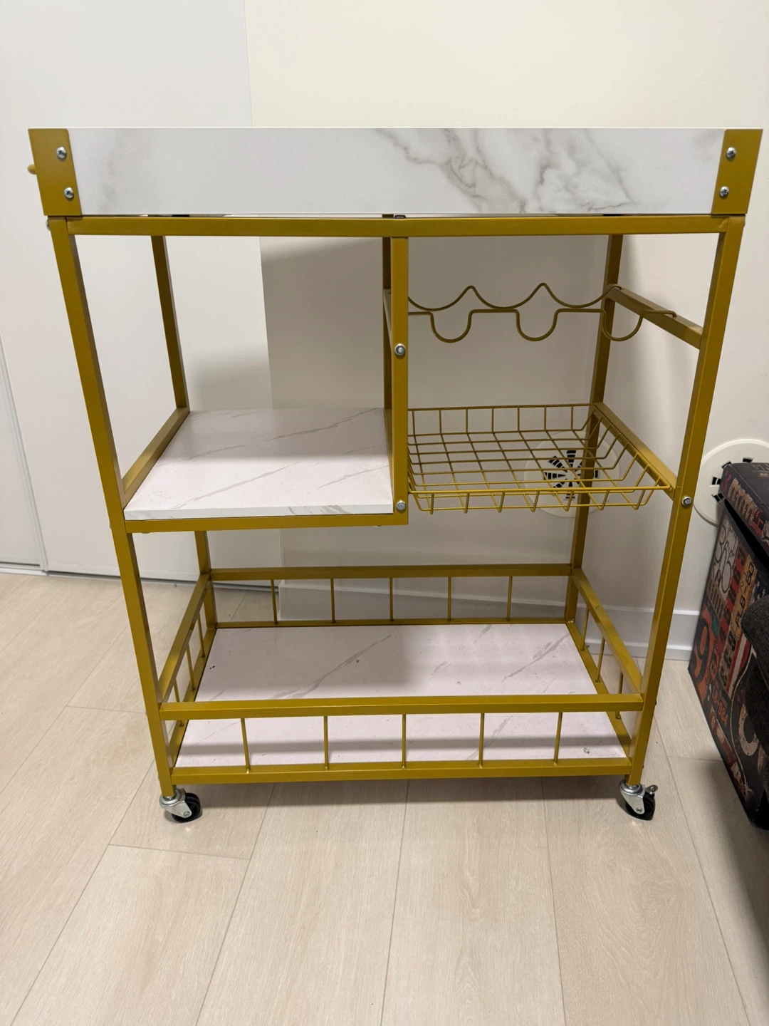 Gold Metal Look Bar Cart with Wine Rack