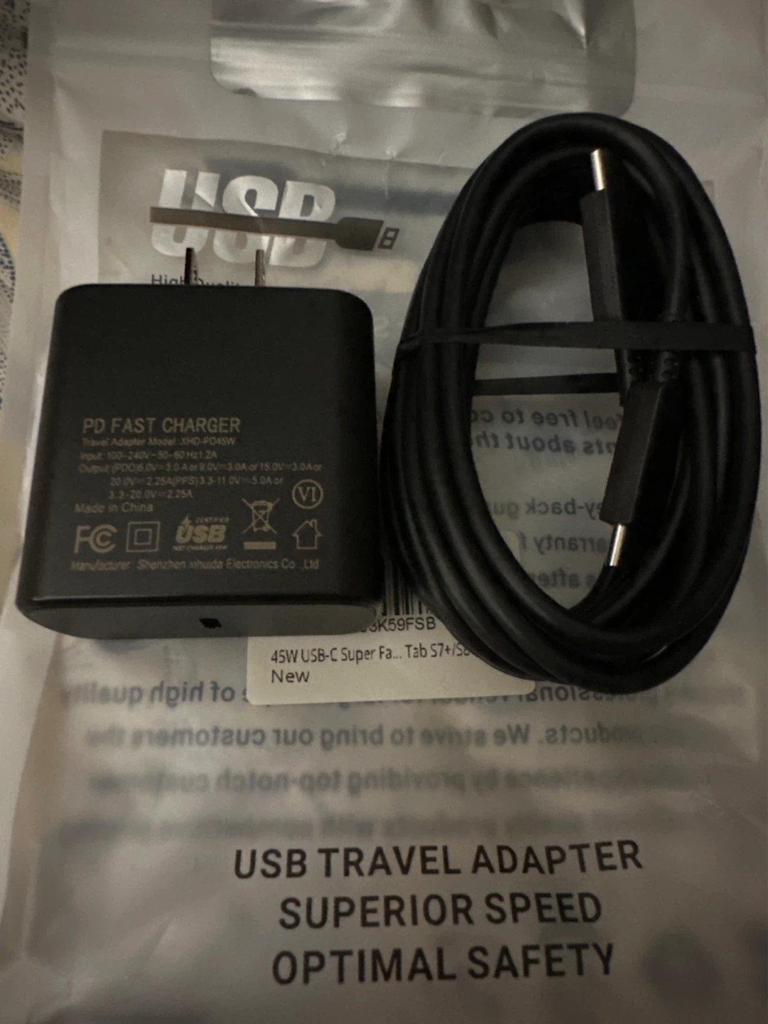 PD Fast Charger Travel Adapter 45W USB-C with Cable