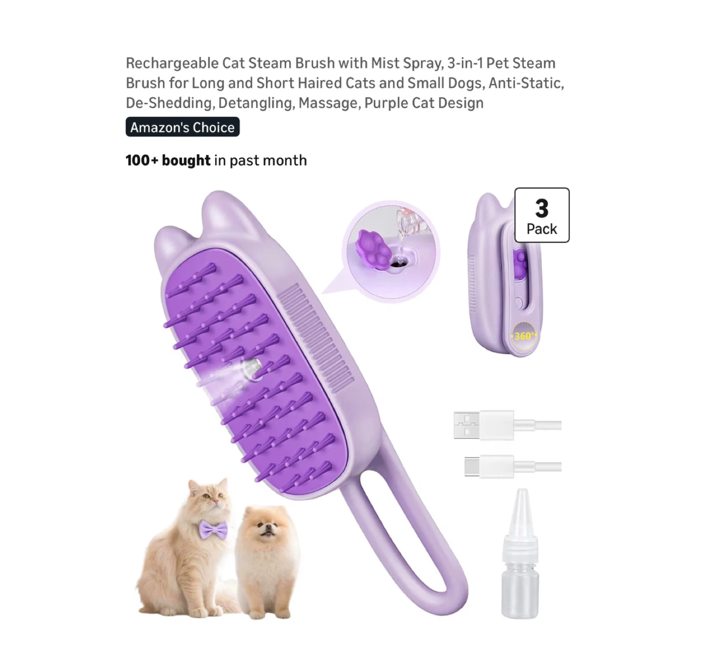 Brand new Rechargeable Cat Steam Brush with Mist Spray