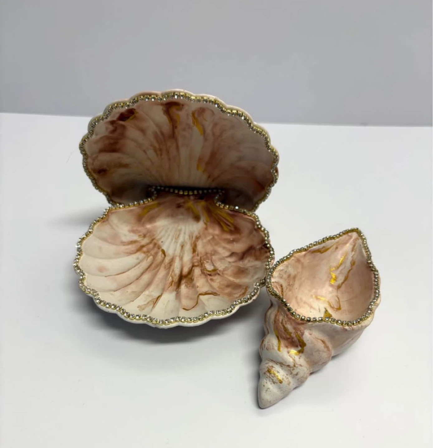 Handmade brown and gold marble coastal seashell trinket