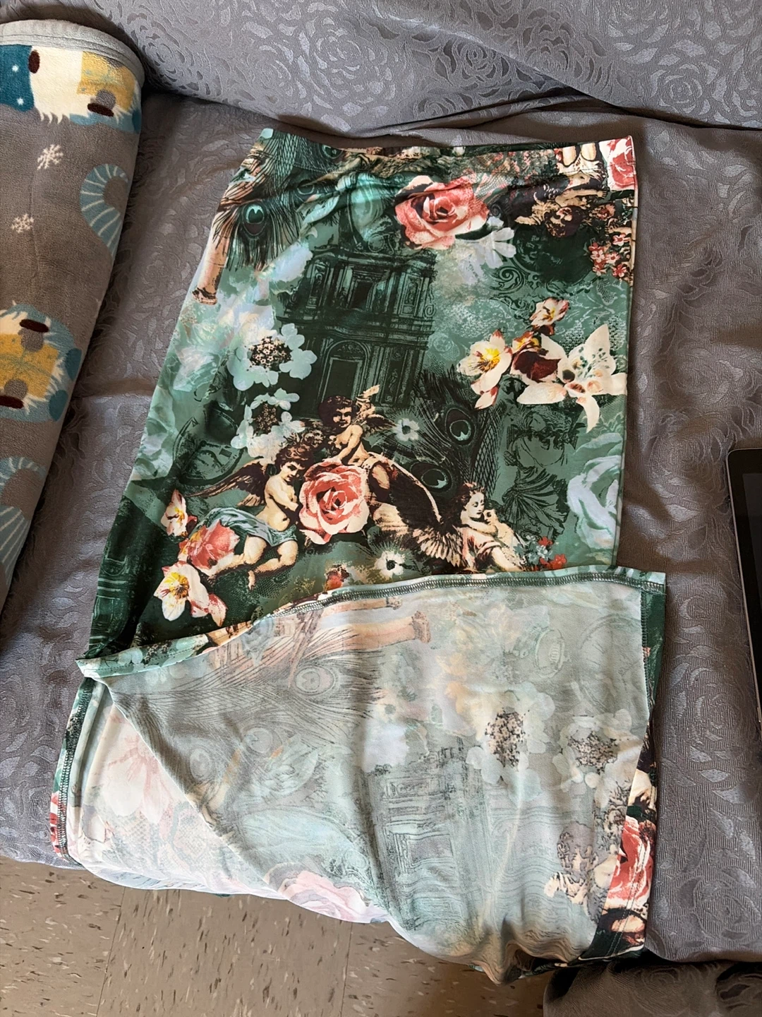 Green Floral and Cherub Print Midi Skirt