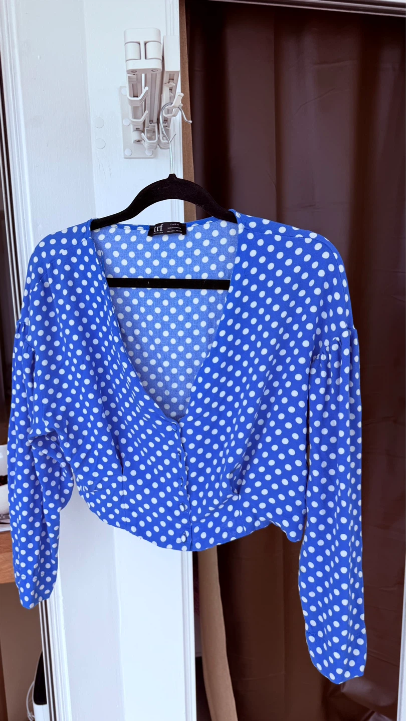 ZARA Blue and white polka dot wrap top SIZE LARGE - photo 5