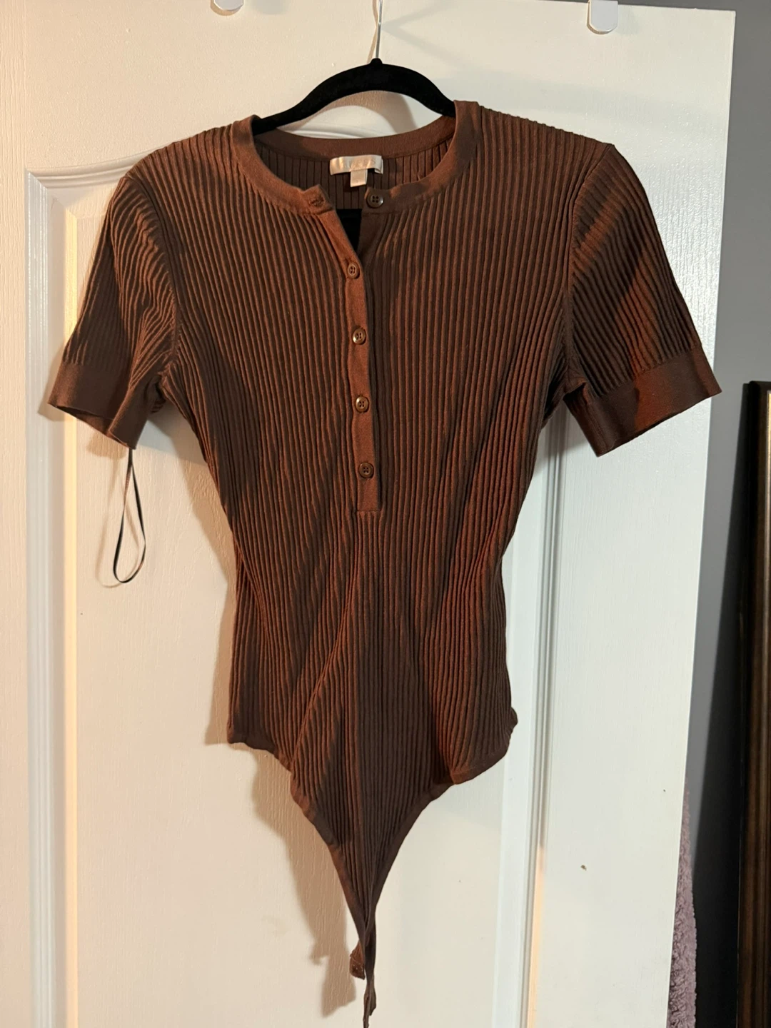 Brown Ribbed Henley Bodysuit