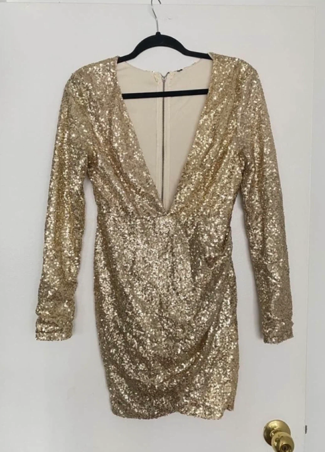 Gold Sequin Long Sleeve V-Neck Mini Dress size is SMALL MEDIUM