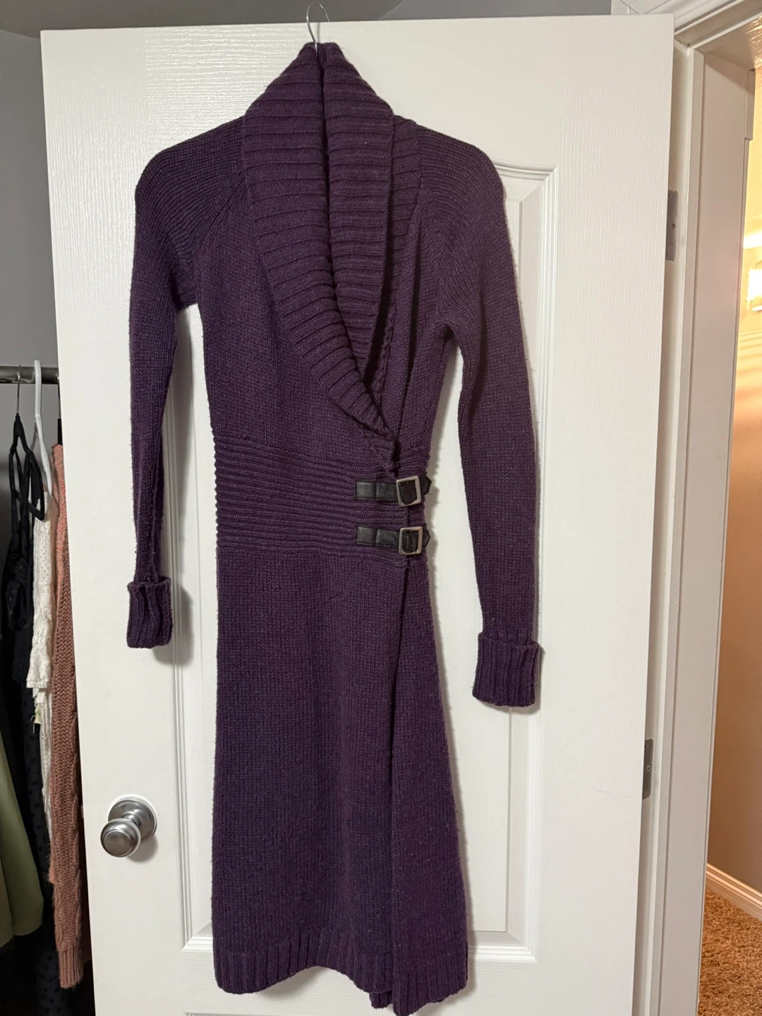 Purple Knit Sweater Dress with Buckle Detail