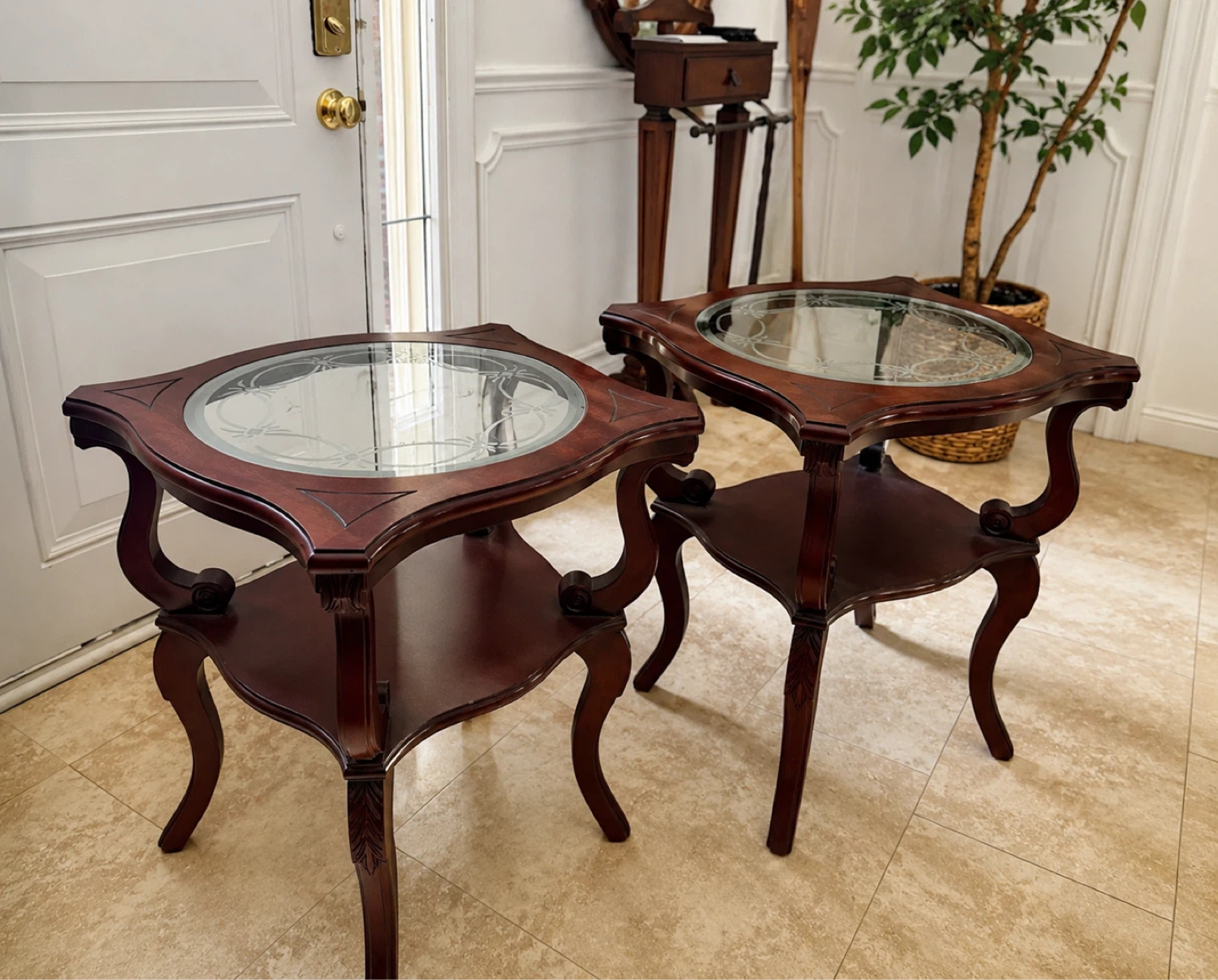 Set of 2 Vintage Dark Wood Side Tables with Glass Inserts