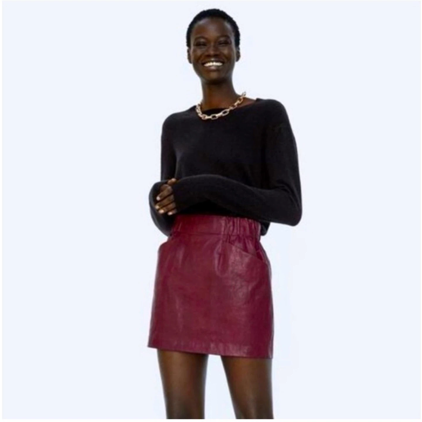 Womens Red Wine Faux Leather Pocket Mini Skirt - photo 2