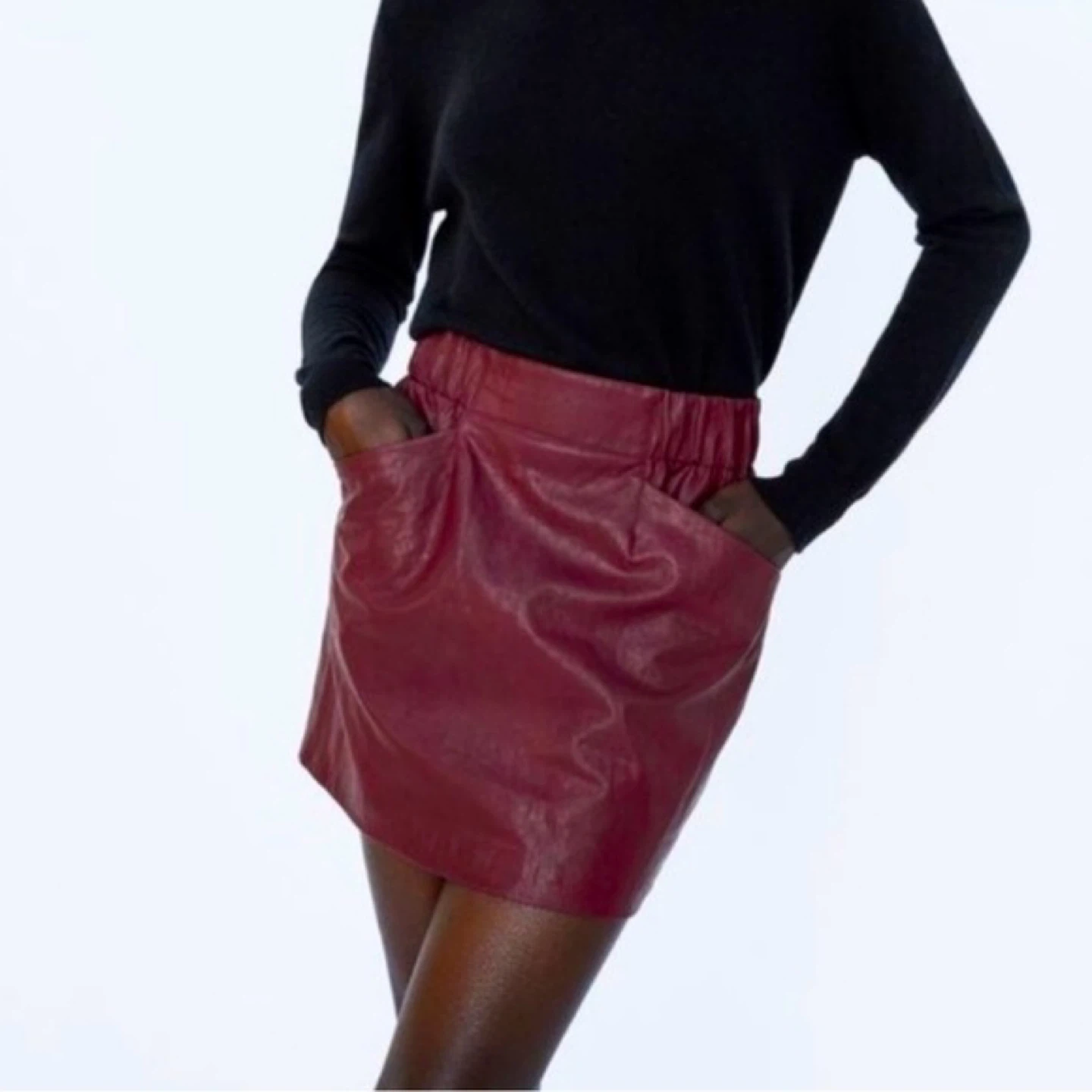 Womens Red Wine Faux Leather Pocket Mini Skirt