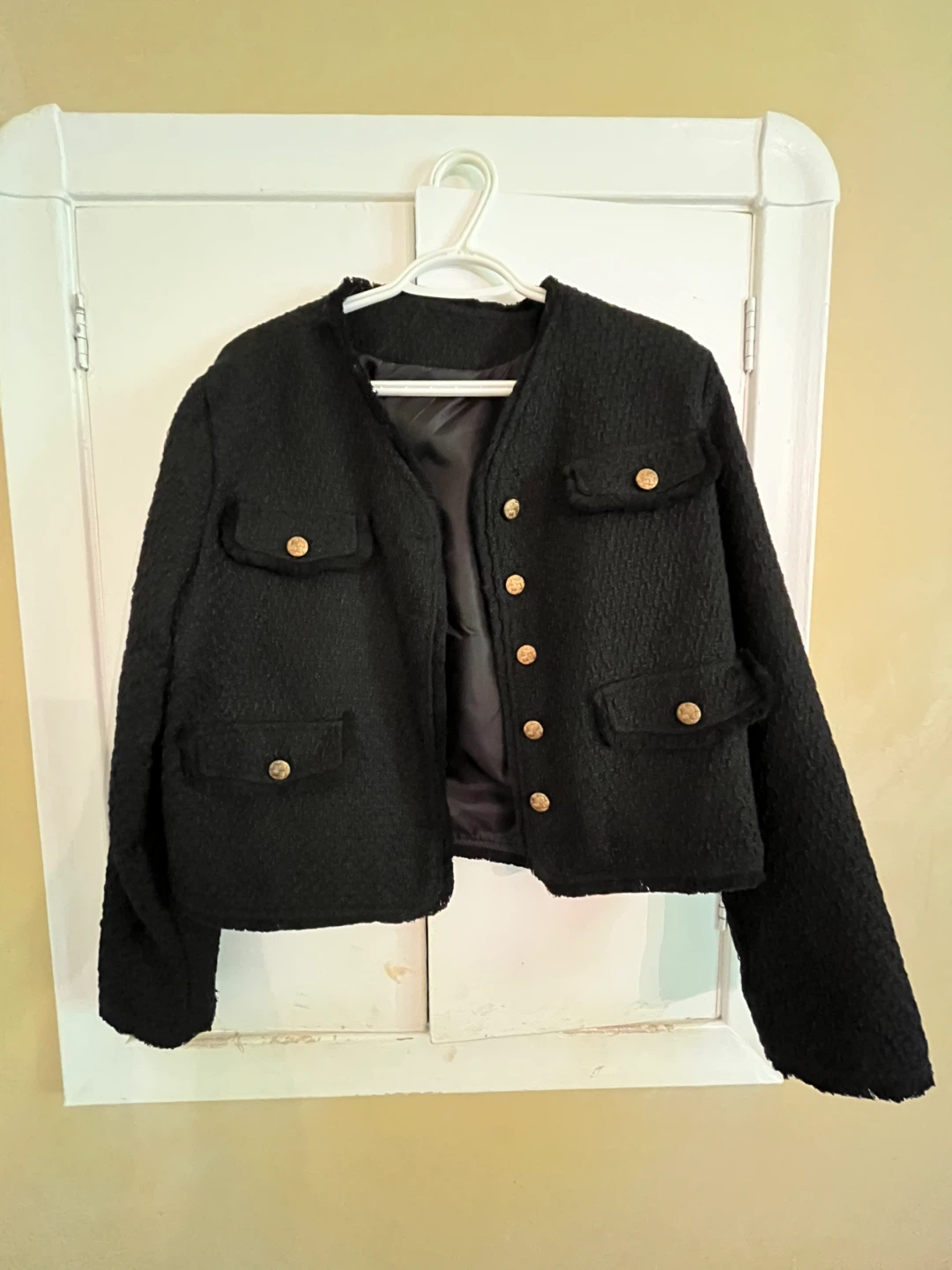 Black Textured Cropped Jacket with Gold Buttons