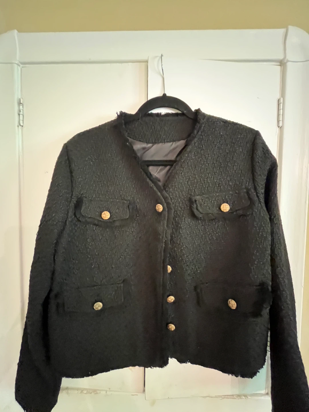 Black Textured Cropped Jacket with Gold Buttons - photo 2