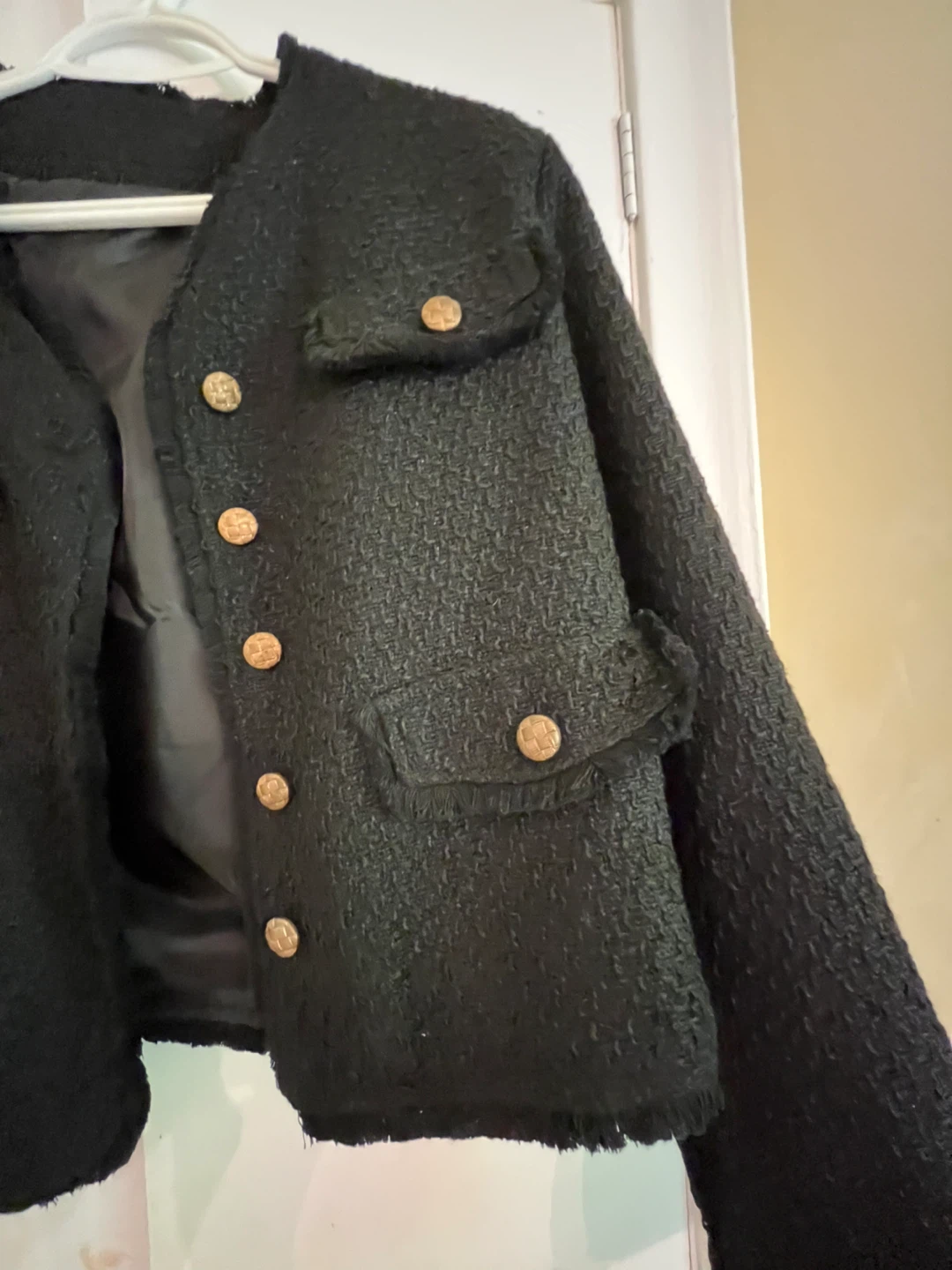 Black Textured Cropped Jacket with Gold Buttons - photo 4