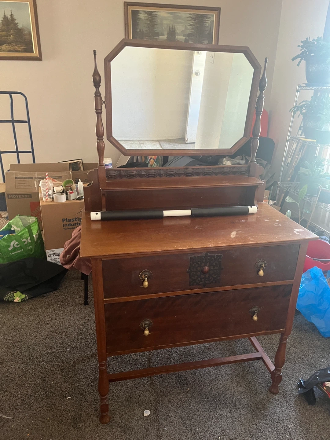 Antique Wooden Vanity Dresser with Mirror