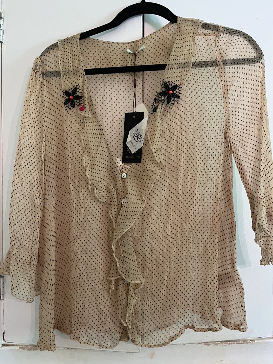 Sheer Polka Dot Blouse with Ruffle Trim