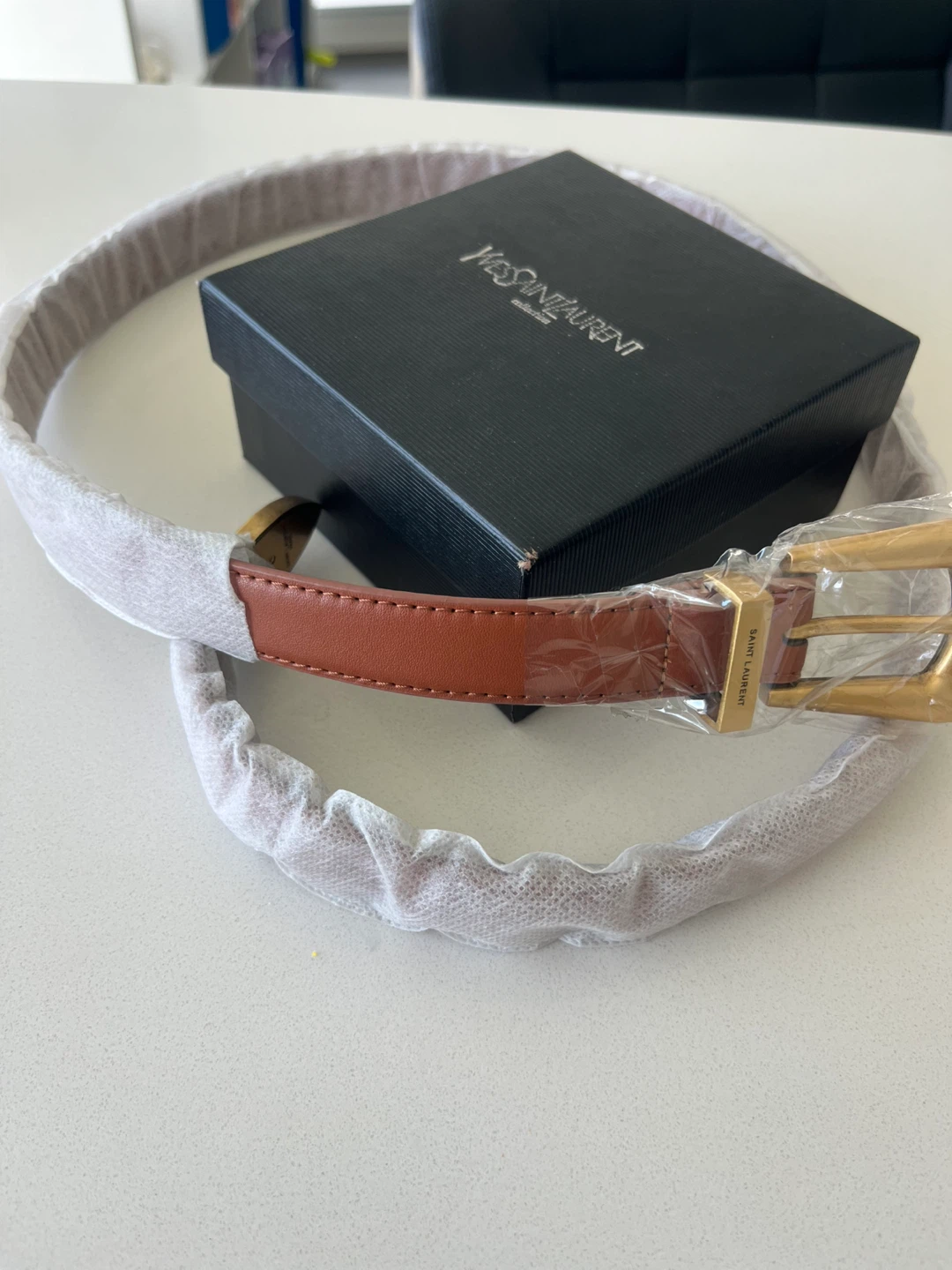 Saint Laurent Paris Brown Leather Belt with Gold Buckle