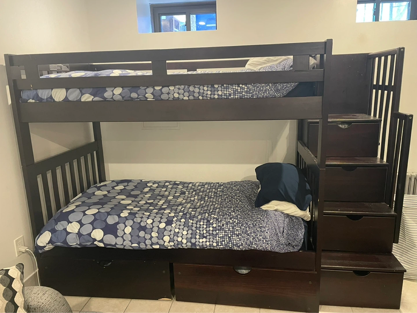 Dark Wood Twin Bunk Bed with Drawers