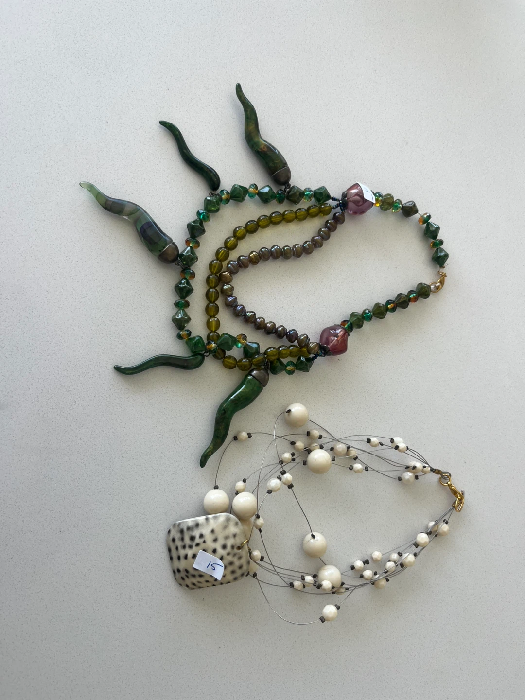 Green and White Beaded Necklaces